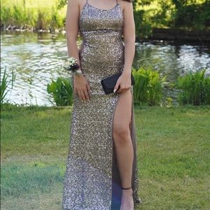 grey sequin prom dress with slit on the right side